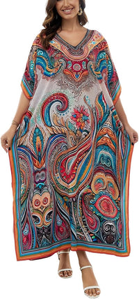 Women's Plus Size Loose Fit Moroccan Print V-Neck Batwing Kaftan Beach Dress Bathing Suit Cover Up