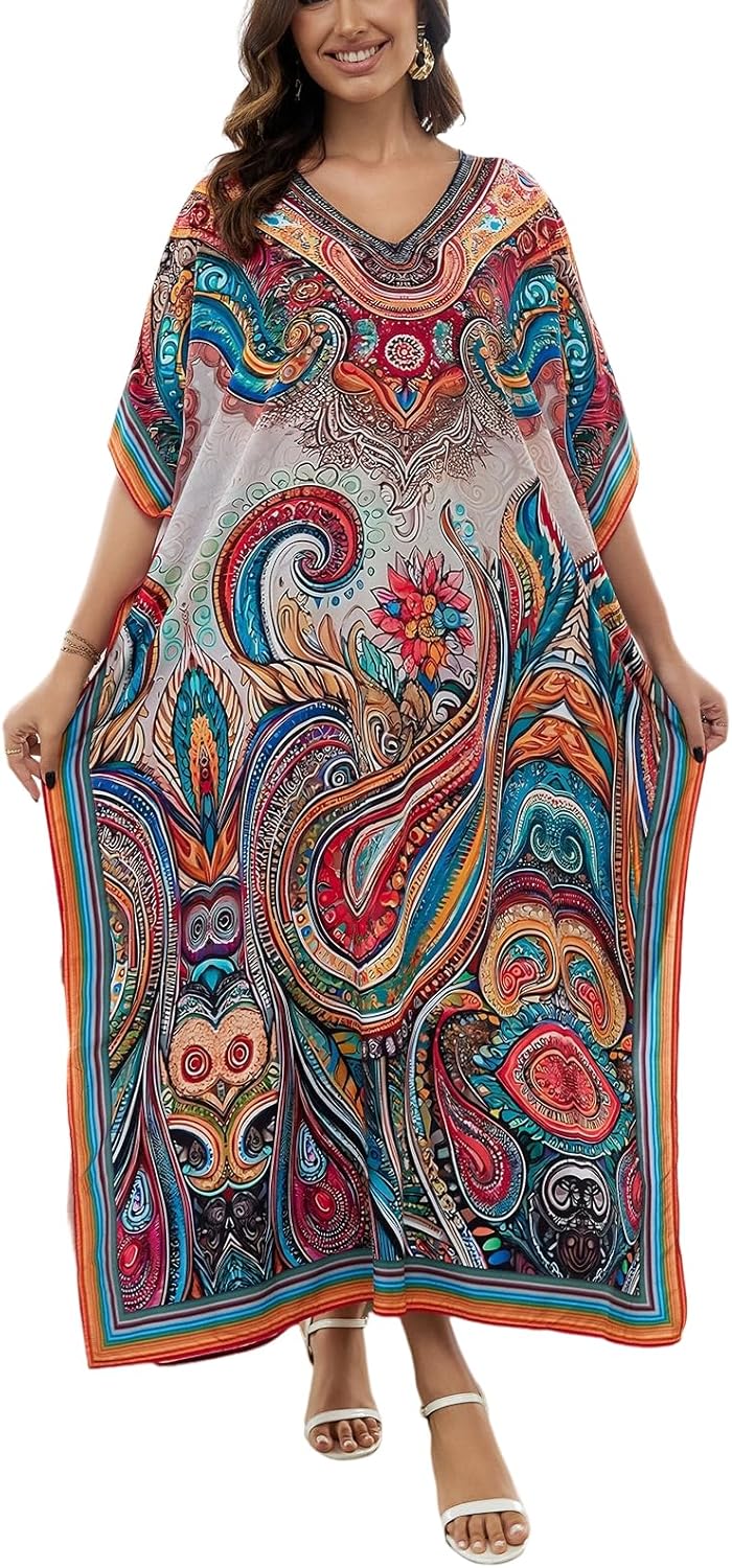 Women's Plus Size Loose Fit Moroccan Print V-Neck Batwing Kaftan Beach Dress Bathing Suit Cover Up