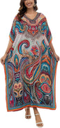 Women's Plus Size Loose Fit Moroccan Print V-Neck Batwing Kaftan Beach Dress Bathing Suit Cover Up