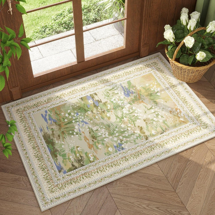Rugcomf 4x6 Rug for Bedroom Impressionist-Style Vintage Washable Rugs Non Slip Low Pile Small Carpet for Bedside Kids Room Office Dining Room, Green