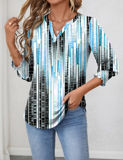 LOMON Blouses for Women Dressy Casual 3/4 Sleeve Tops for Women V Neck T Shirt Ladies Tops and Blouses Orange Blue Print L