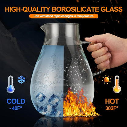 Glass Pitcher with Lid,1 Gallon Glass Water Pitcher Hot/Cold Water Jug, Juice and Iced Tea Beverage Carafe with Lid (Extra-Wide Mouth)