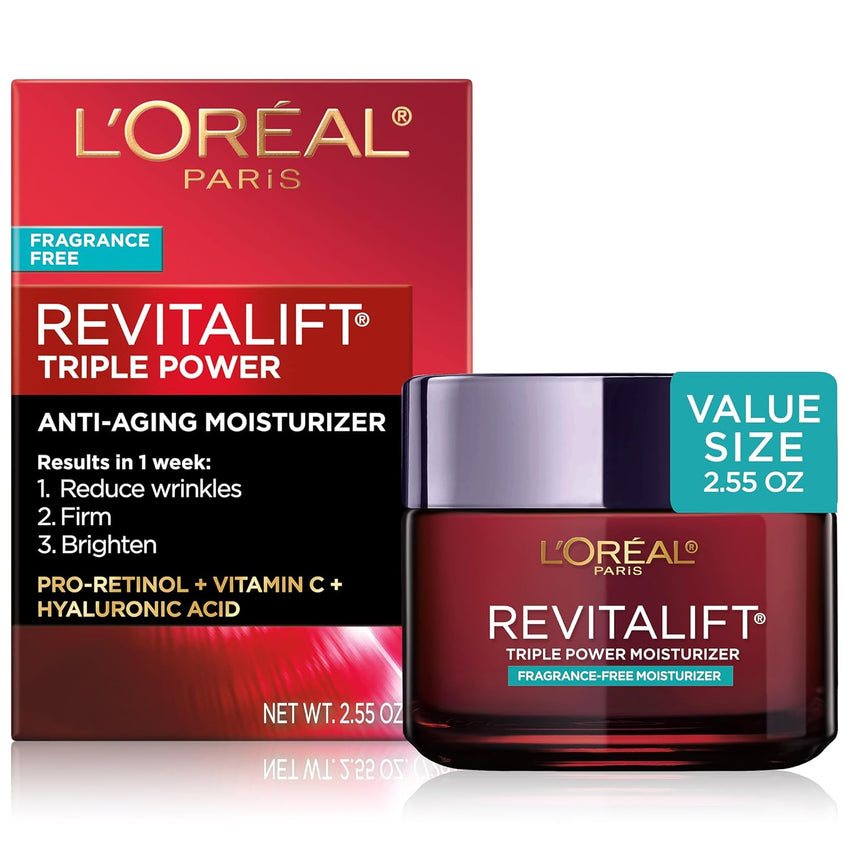 L'Oreal Paris Revitalift Triple Power Anti-Aging Face Moisturizer, Pro Retinol, Hyaluronic Acid & Vitamin C, Reduce Wrinkles 2.55 Oz