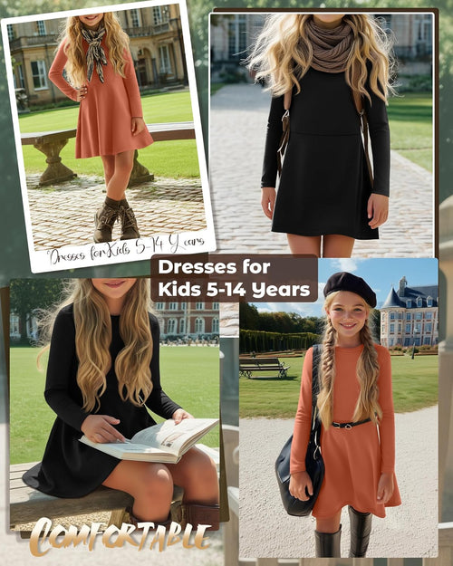 2 Pack Girls Long Sleeve Dress Skater Twirl a Line Crewneck Casual Fall Dresses for Kids 5-14 Years