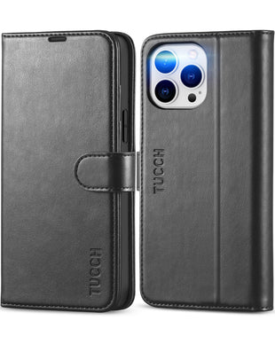 iPhone 13 Pro Max, RFID Blocking, 4 Card Slots, Stand Shockproof TPU Interior Shell, PU Leather Magnetic Flip Cover, Black