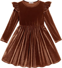 Arshiner Toddler Velvet Dress Little Girls Fall Winter Long Sleeve Ruffle Holiday Birthday Party Dresses with Pockets