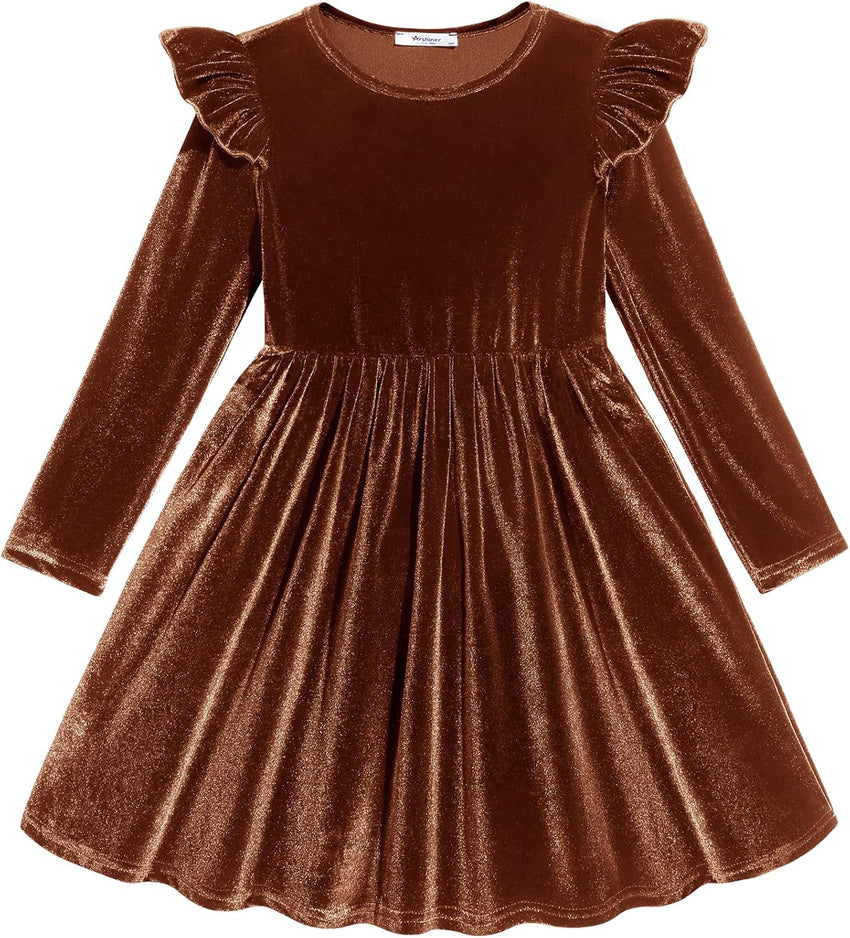 Arshiner Toddler Velvet Dress Little Girls Fall Winter Long Sleeve Ruffle Holiday Birthday Party Dresses with Pockets