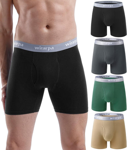 wirarpa Men's Boxer Briefs Cotton Stretch Underwear Open Fly Tagless Underpants Regular Leg 4 PackPack