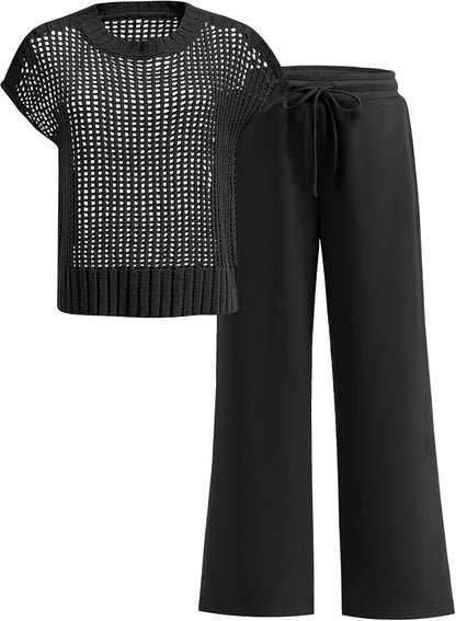 ANRABESS Women Two Piece Outfits Crochet Sheer Knit Sweater Top Wide Leg Pants Lounge Matching Sets Sweatsuit Travel Clothes