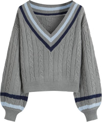 CIDER Cable Knit Sweater Women V Neck Long Sleeve Pullover Striped Trim Regular Fit Knit Top Fall Sweaters