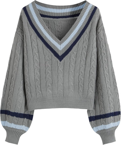 CIDER Cable Knit Sweater Women V Neck Long Sleeve Pullover Striped Trim Regular Fit Knit Top Fall Sweaters