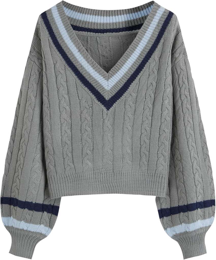 CIDER Cable Knit Sweater Women V Neck Long Sleeve Pullover Striped Trim Regular Fit Knit Top Fall Sweaters
