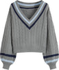 CIDER Cable Knit Sweater Women V Neck Long Sleeve Pullover Striped Trim Regular Fit Knit Top Fall Sweaters