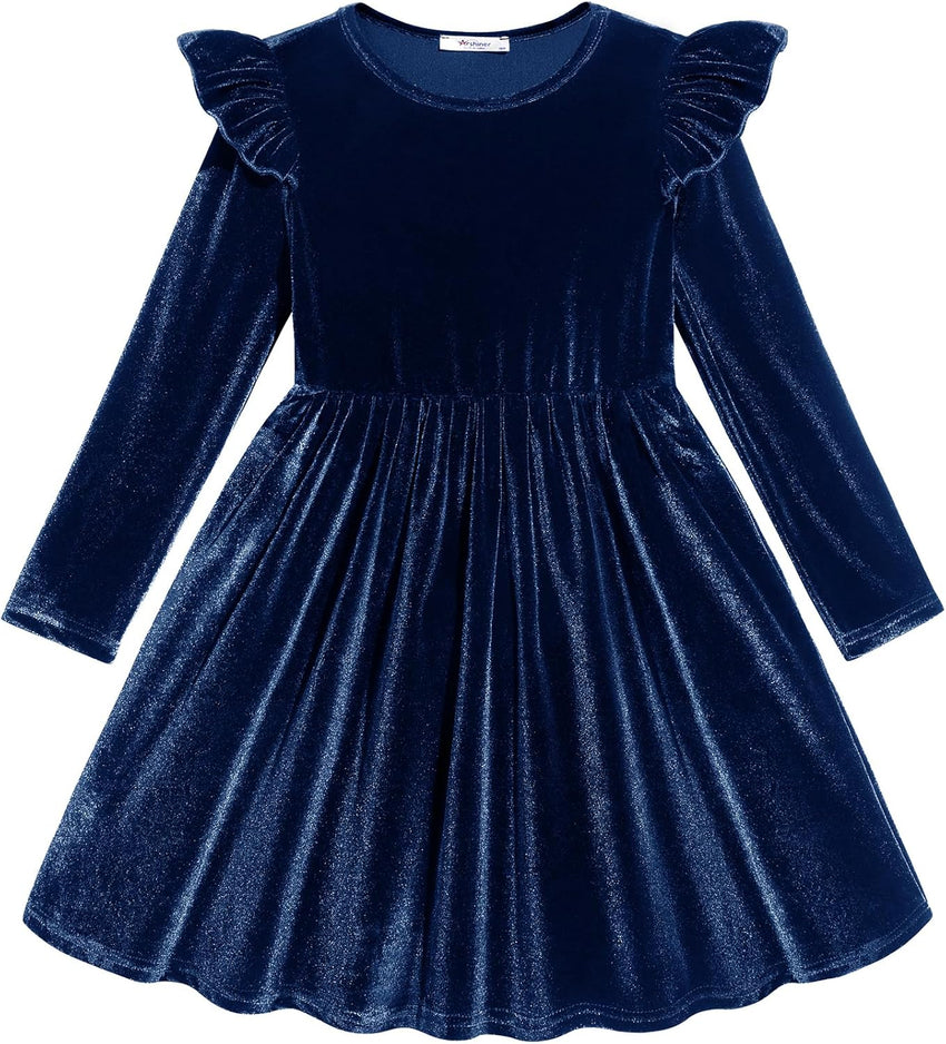 Arshiner Toddler Velvet Dress Little Girls Fall Winter Long Sleeve Ruffle Holiday Birthday Party Dresses with Pockets