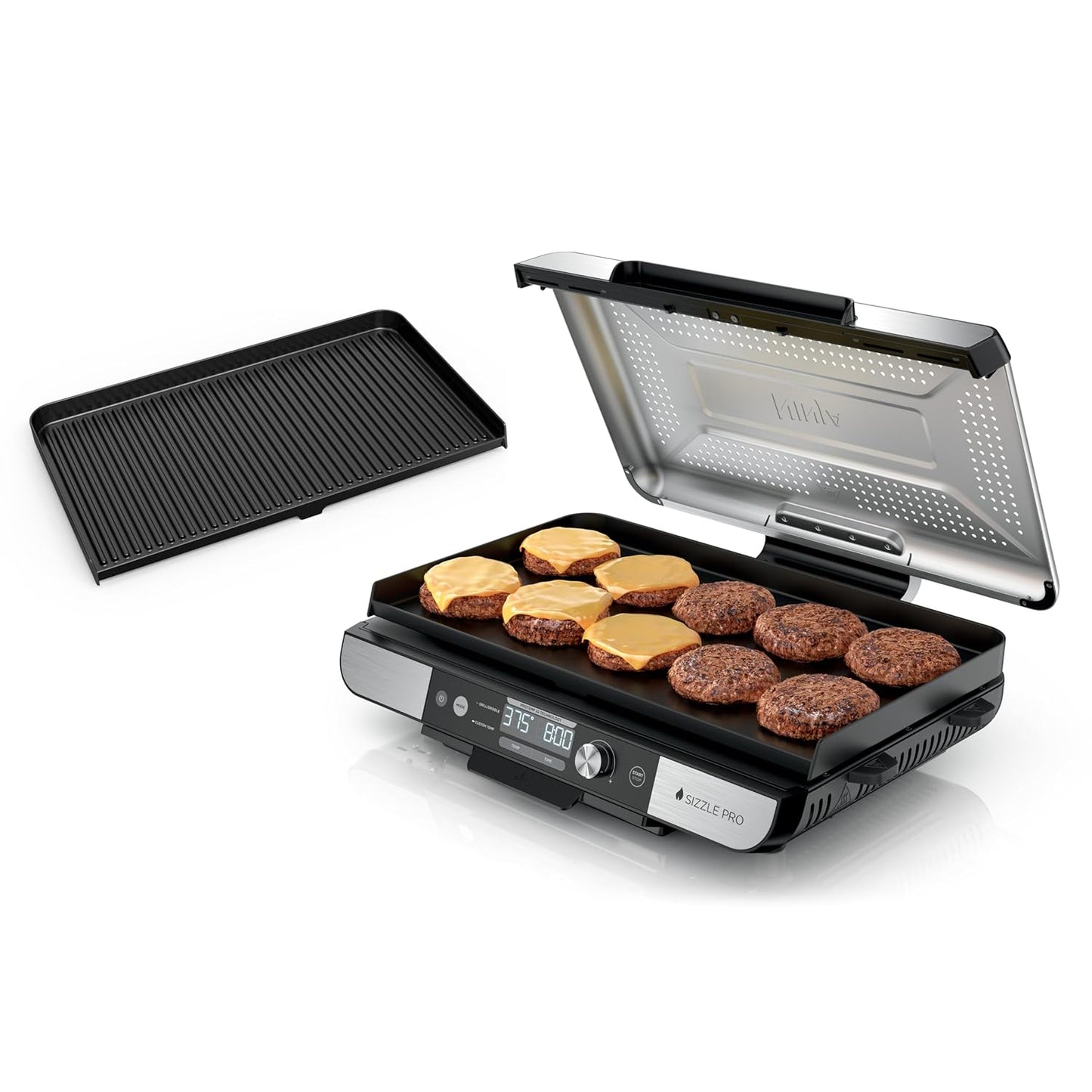 Ninja Sizzle Pro XL 20-Inch Indoor Griddle + Grill, Detachable Ventilated Lid, Grease Control, Ceramic Nonstick Plates, Even Edge-to-Edge Cooking, Extra Large Capacity, Versatile, Silver, GX101