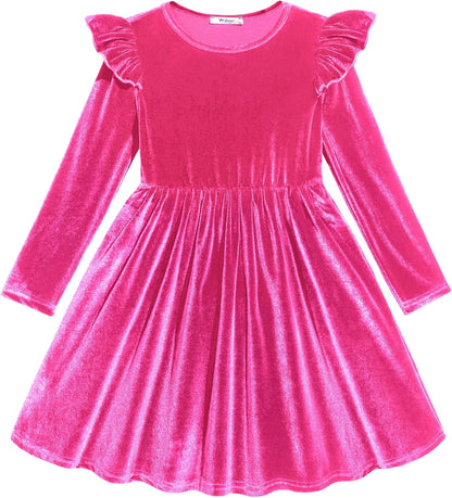 Arshiner Toddler Velvet Dress Little Girls Fall Winter Long Sleeve Ruffle Holiday Birthday Party Dresses with Pockets
