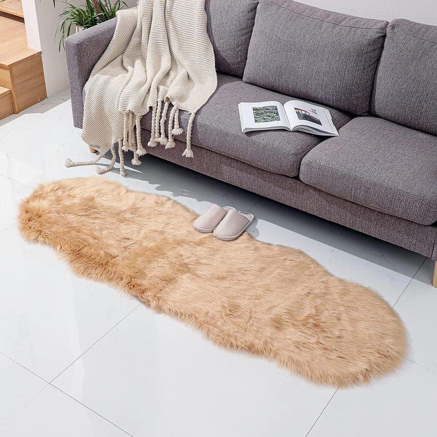 Faux Fur Rug Sheepskin Shag Fluffy Fuzzy White 2x6 ft Runner Rugs for Bedroom Bedside Bed Floor Living Room Plush High-Density Cushion Carpet Super Sofa Cover