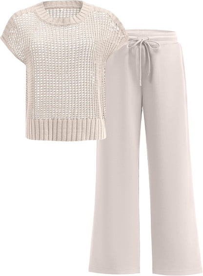 ANRABESS Women Two Piece Outfits Crochet Sheer Knit Sweater Top Wide Leg Pants Lounge Matching Sets Sweatsuit Travel Clothes