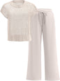 ANRABESS Women Two Piece Outfits Crochet Sheer Knit Sweater Top Wide Leg Pants Lounge Matching Sets Sweatsuit Travel Clothes
