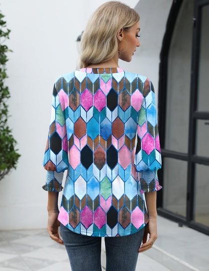LOMON Blouses for Women Dressy Casual 3/4 Sleeve Tops for Women V Neck T Shirt Ladies Tops and Blouses Orange Blue Print L