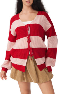 CIDER Cardigan Sweater for Women Tie Front Striped Long Sleeve V Neck Cute Y2k Fall Trendy Outfits