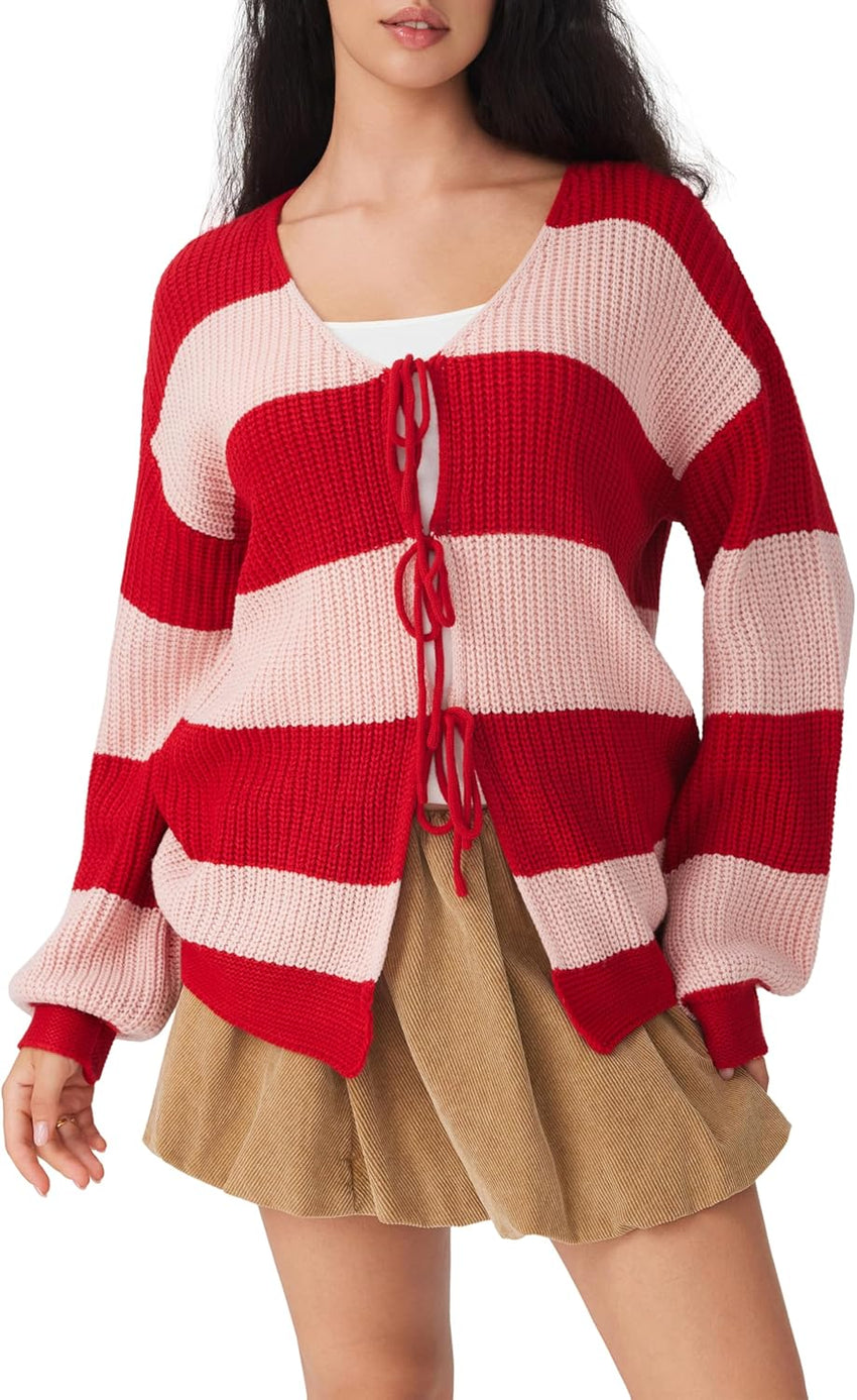 CIDER Cardigan Sweater for Women Tie Front Striped Long Sleeve V Neck Cute Y2k Fall Trendy Outfits