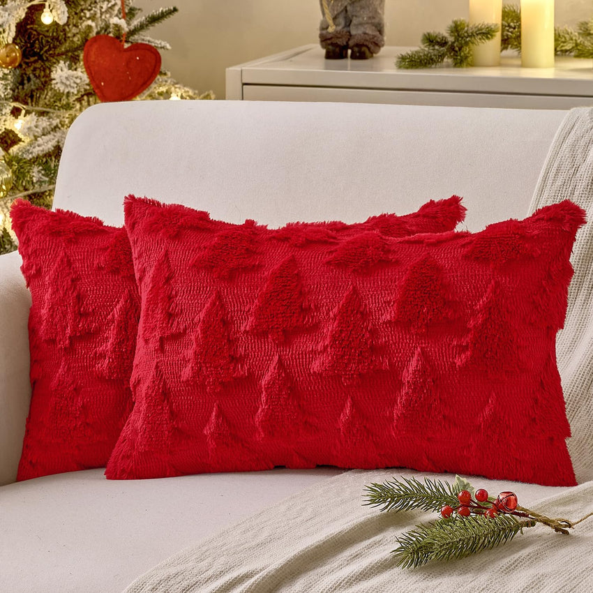 MIULEE Christmas Throw Pillow Covers Dark Green Christmas Decorations Set of 2 Xmas Tree 18x18 Pillow Covers Soft Plush Faux Wool Pillowcases Holiday Festivals Winter Home Decor Sofa Couch Bed Porch