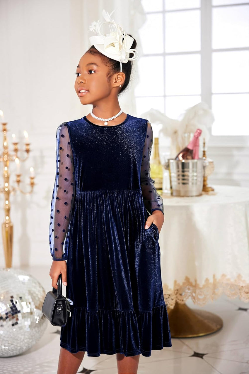 Arshiner Girls Dresses Contrast Mesh Velvet Long Sleeve A-Line Vintage Party Dress with Pockets