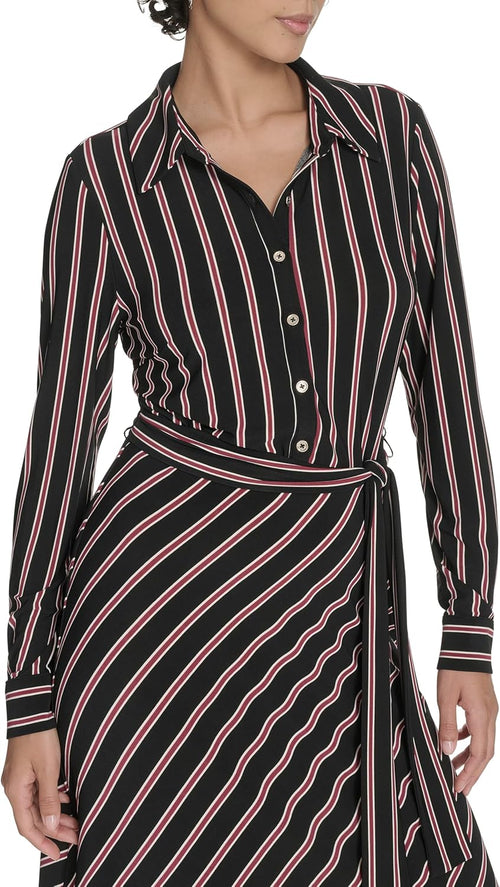 Tommy Hilfiger Women's Long Sleeve Collared Self Tie Midi Shirtdress