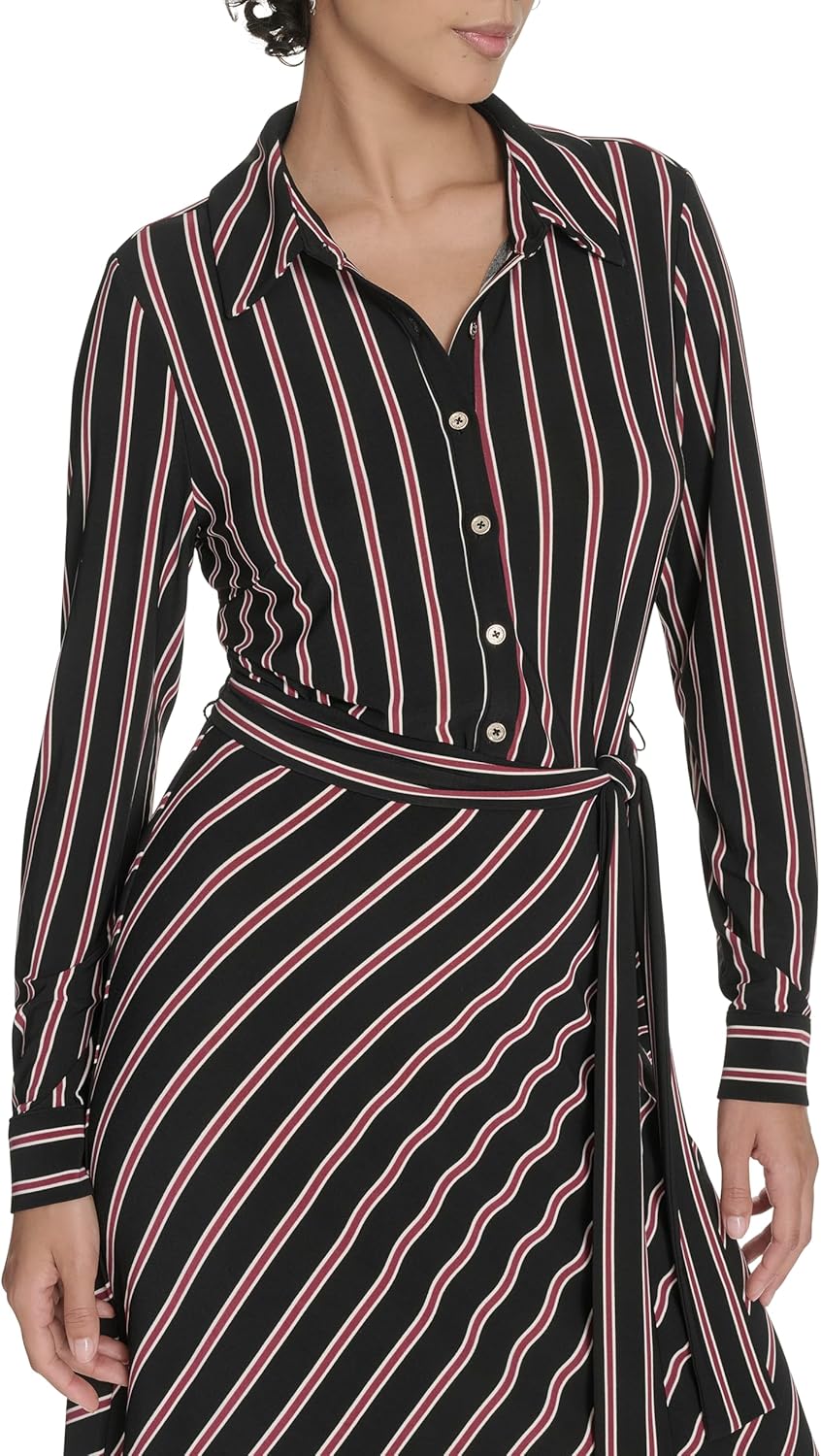Tommy Hilfiger Women's Long Sleeve Collared Self Tie Midi Shirtdress