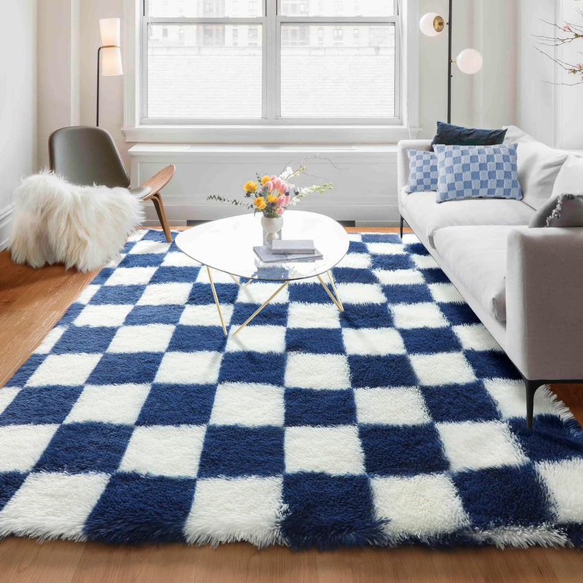 KICMOR Navy Blue and Cream White Rugs for Living Room, 4x6 Fluffy Fuzzy Shag Checkered Rug Shaggy Carpet for Bedroom, Soft Plush Area Rug for Nursery Toddler Room Classroom Study Room Kids Room