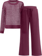 ANRABESS Womens 2 Piece Outfits Crochet Sheer Knit Sweater Top Wide Leg Pants Lounge Sets Sweatsuit 2025 Fall Travel Clothes