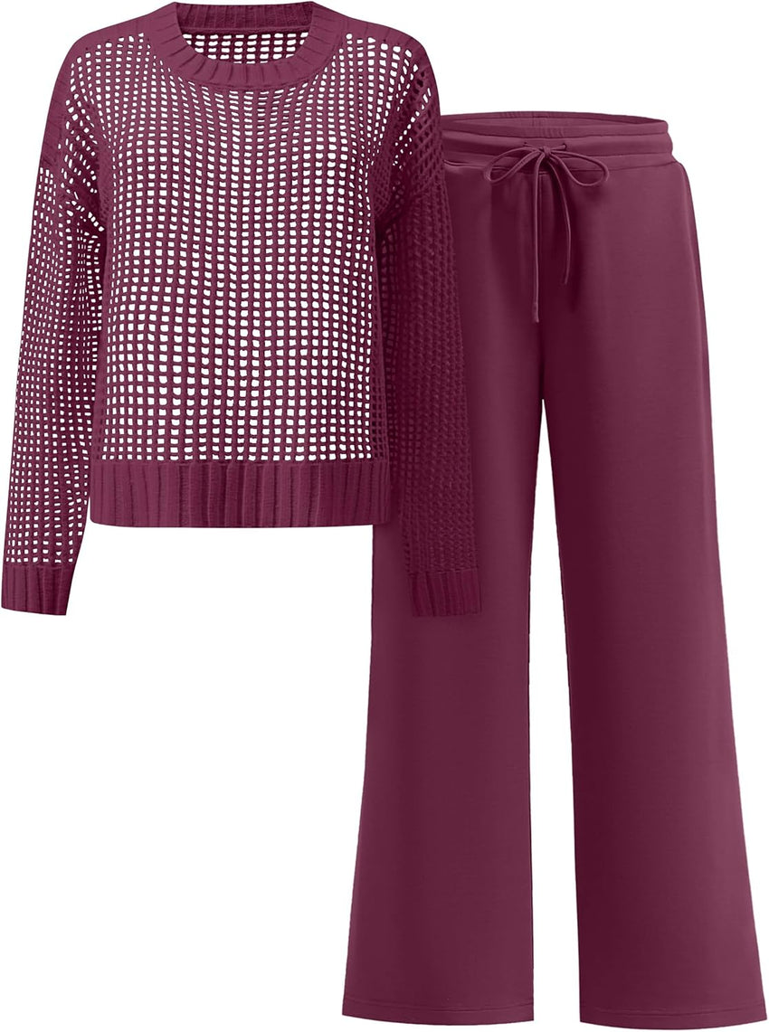 ANRABESS Womens 2 Piece Outfits Crochet Sheer Knit Sweater Top Wide Leg Pants Lounge Sets Sweatsuit 2025 Fall Travel Clothes