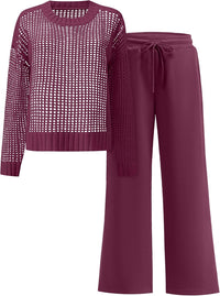 ANRABESS Womens 2 Piece Outfits Crochet Sheer Knit Sweater Top Wide Leg Pants Lounge Sets Sweatsuit 2025 Fall Travel Clothes