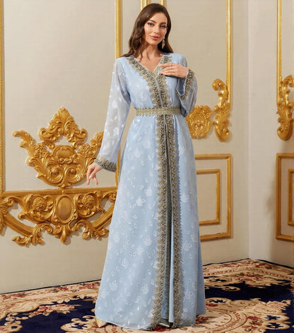 Embroidery Abayas for Women Muslim Moroccan Floral Maxi Kaftan Dress Arabic Islamic Dubai Robe Ramadan Prayer Clothes
