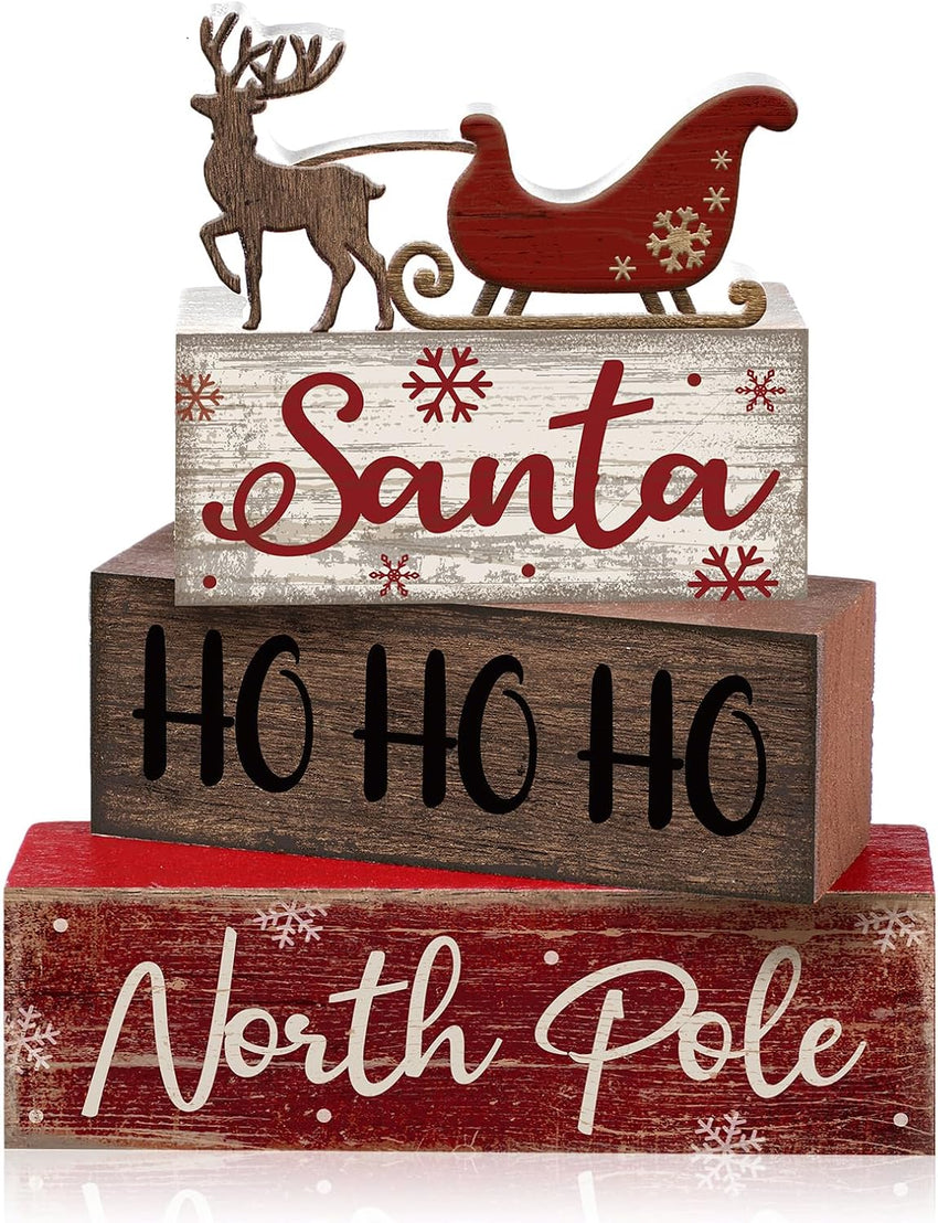 4 Pcs Christmas Table Decor Wooden Hot Cocoa Decoration Christmas Centerpiece Winter Tiered Tray Decor Decorative Red Hot Cocoa Block Signs Gift Farmhouse Xmas Decoration for Home Kitchen