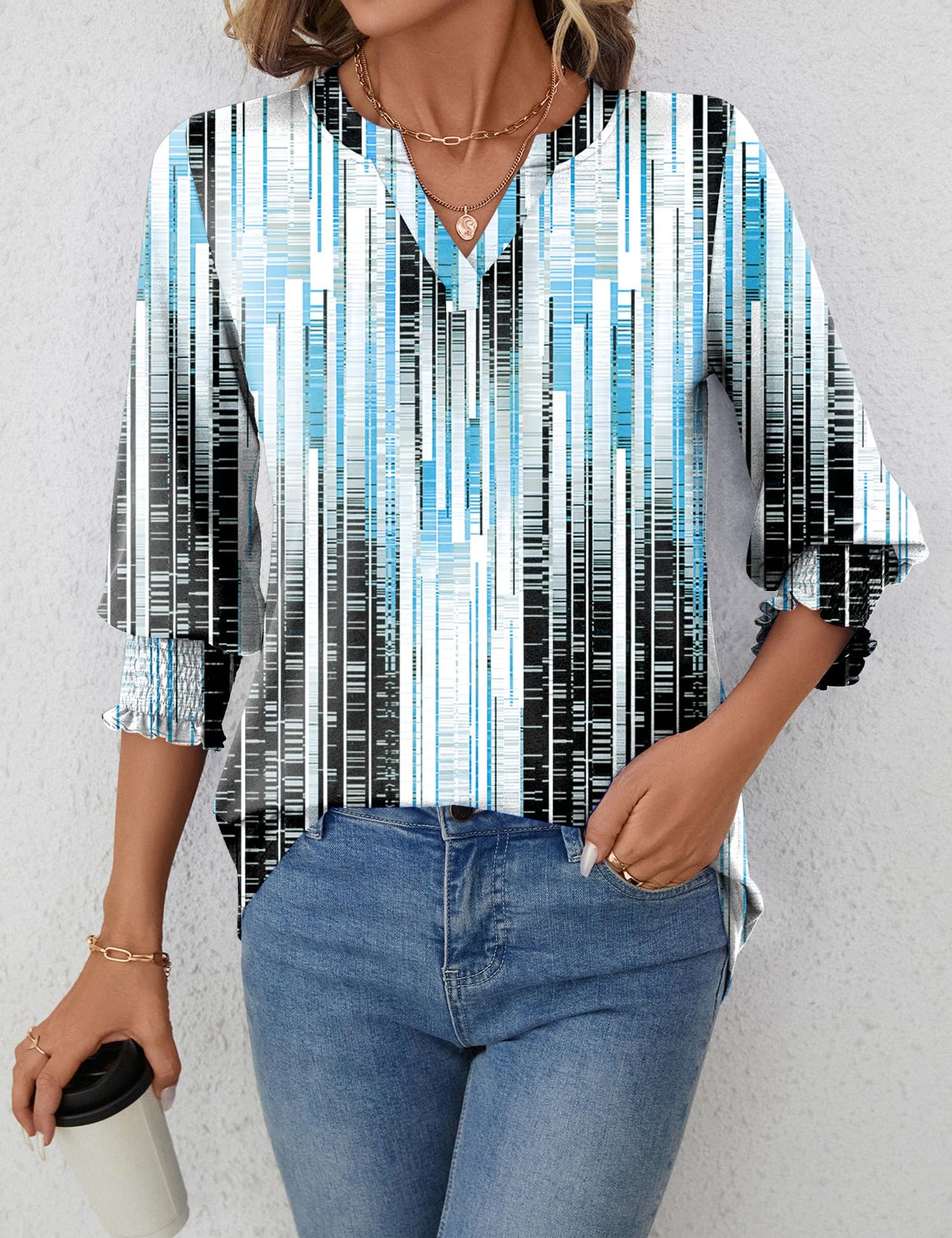 LOMON Blouses for Women Dressy Casual 3/4 Sleeve Tops for Women V Neck T Shirt Ladies Tops and Blouses Orange Blue Print L
