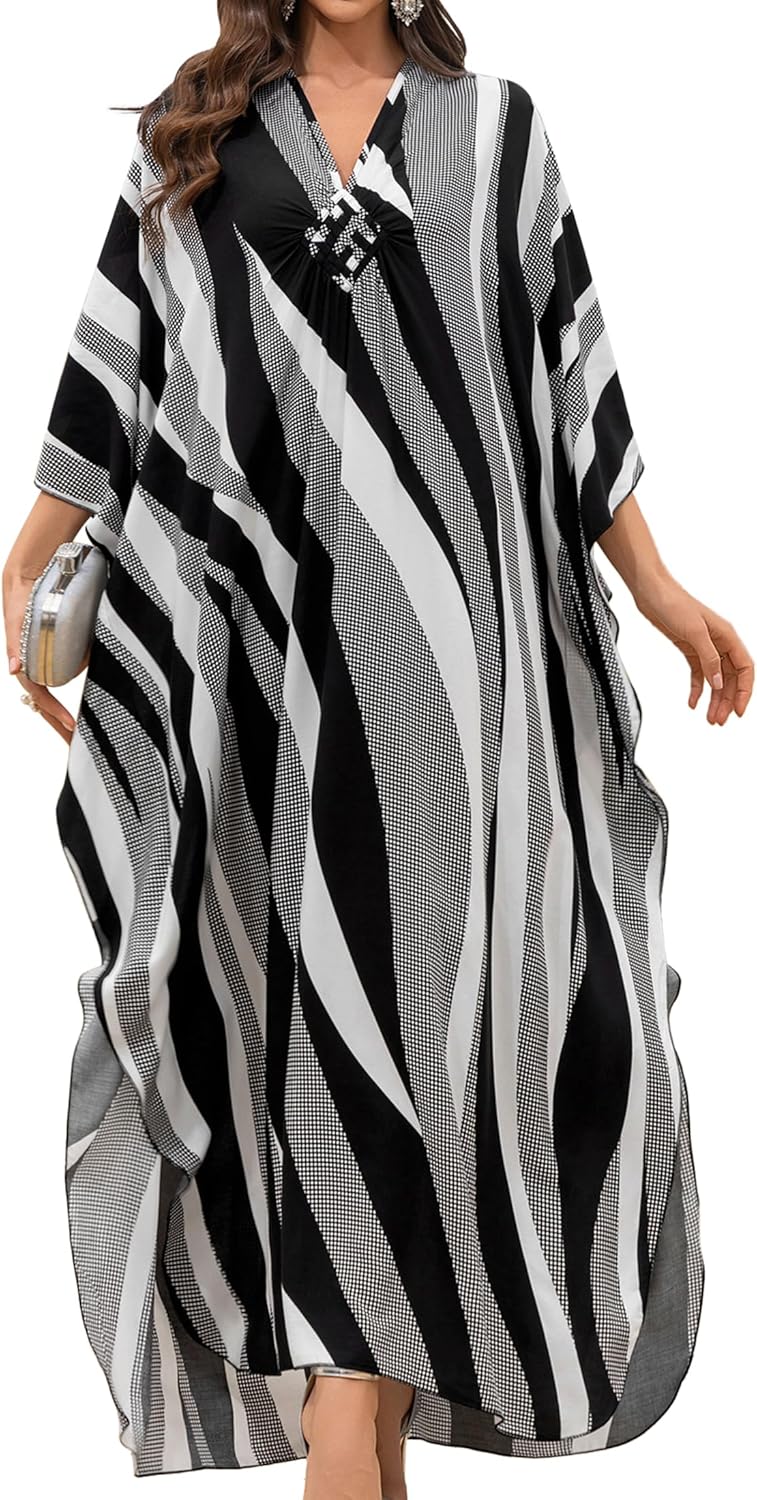 Women Kaftan Dresses Plus Size V-Neck Batwing Sleeves Beach Cover Up 2025 Summer Floral Print Caftan Dress