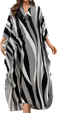 Women Kaftan Dresses Plus Size V-Neck Batwing Sleeves Beach Cover Up 2025 Summer Floral Print Caftan Dress