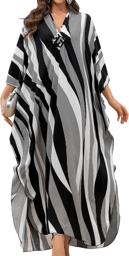 Women Kaftan Dresses Plus Size V-Neck Batwing Sleeves Beach Cover Up 2025 Summer Floral Print Caftan Dress