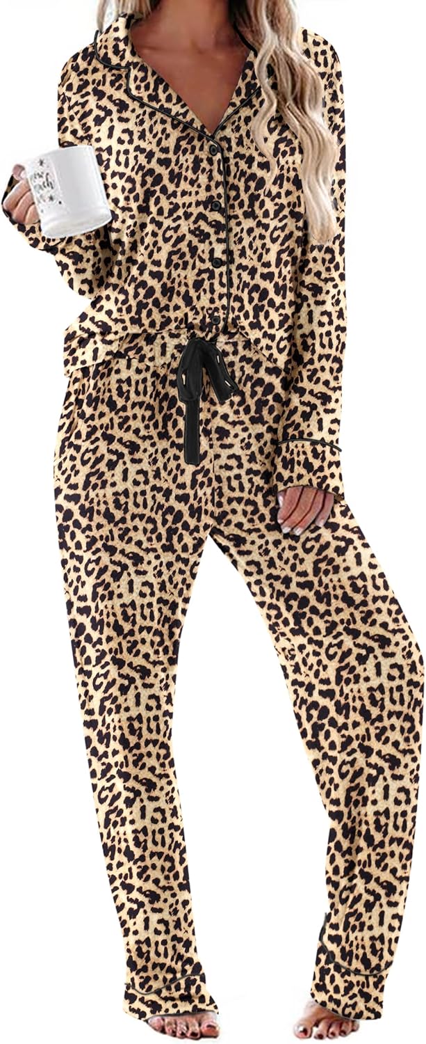 Ekouaer Women's Pajamas Long Sleeve Sleepwear Casual Button Down Loungewear Soft Pjs Set S-XXL