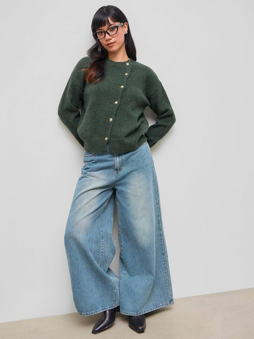 CIDER Womens Knit Cardigan Trendy Crew Neck Button Down Long Sleeve Cozy Fall Fashion Sweater Loose Fit Wool Top