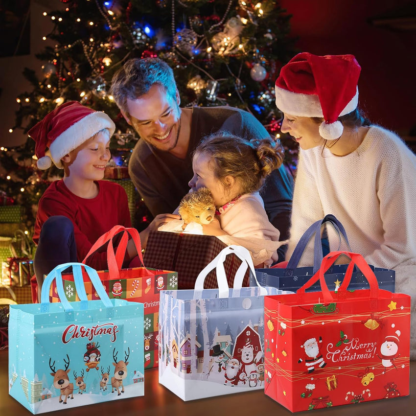 PARTTELY 30 Pack Drawstring Christmas Gift Bags Assorted Sizes Reusable Christmas Tote Bags Gifts Wrapping (22 Pack Drawstring Bags 8 Pack Tote Bags)