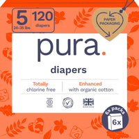Pura Size 6 Eco-Friendly Diapers (29+ lbs) Hypoallergenic, Soft Organic Cotton, Sustainable, up to 12 Hours Leak Protection, Allergy UK, Recyclable Paper Packaging, 18 Count (Pack of 3) (54 Diapers)