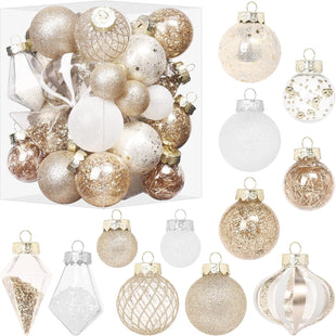 Christmas Ball Ornaments Set, 34PCS Clear Plastic Shatterproof Christmas Ornaments for Xmas Tree Hanging Decorations, for Indoor Home Thanksgiving Party Decor - Champagne/White.