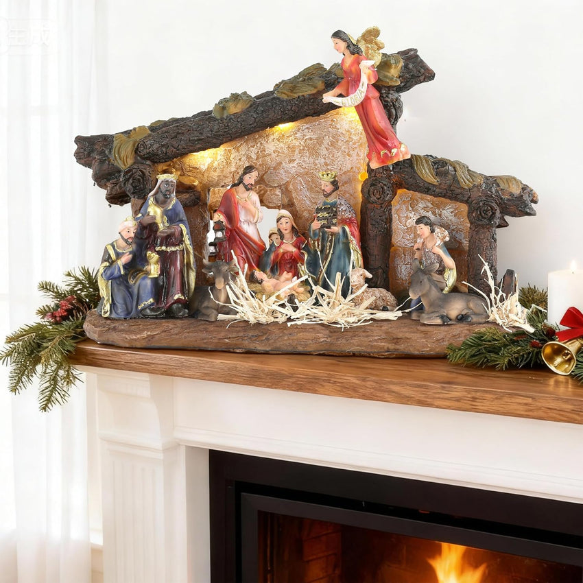 Nativity Scene Set with LED Lights,15.3" Resin Holy Family Character Stables Sculpture Manger Figurine for Indoor Tabletop Fireplace Christmas Decorations