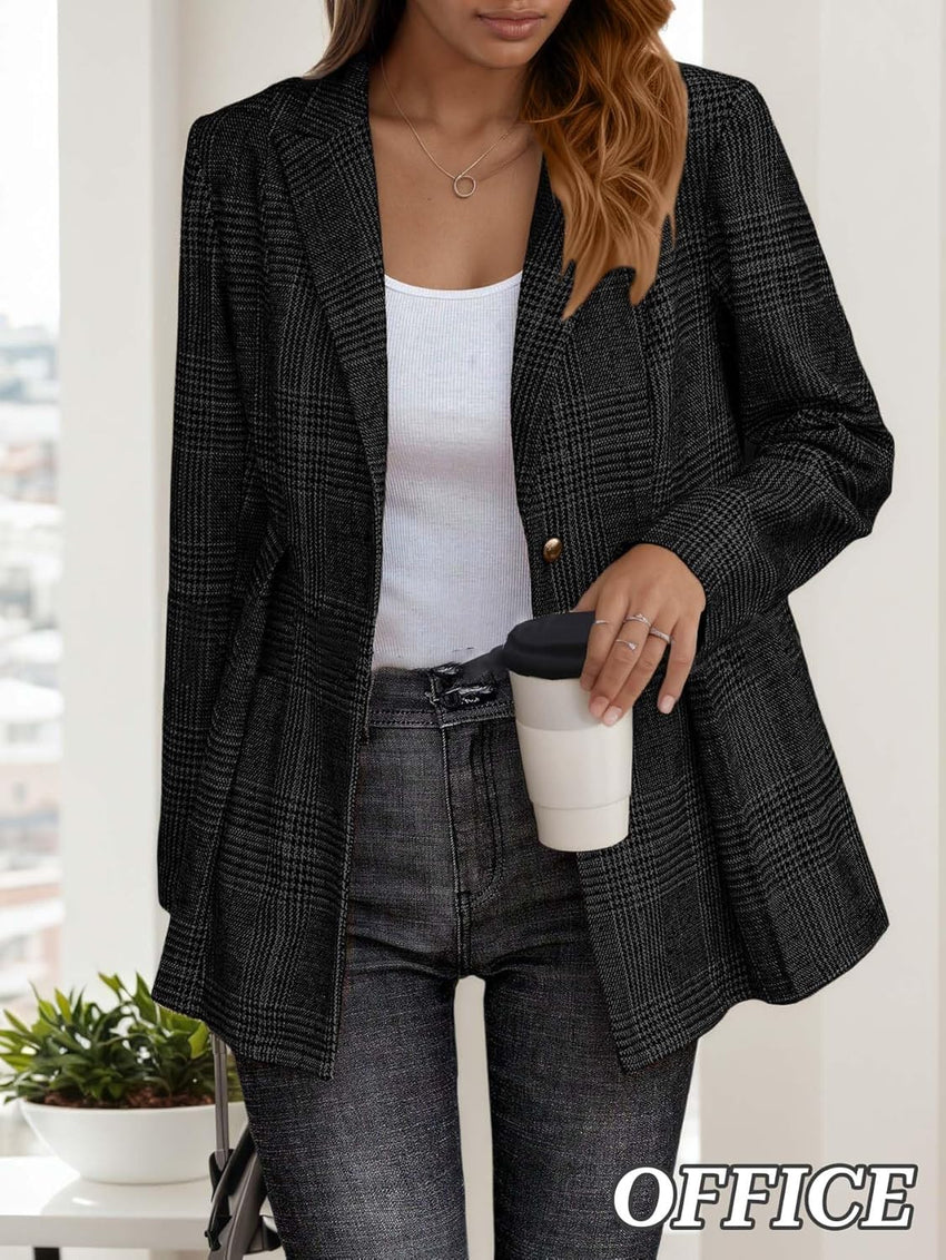 Mina Self 2025 Fall Women's Casual Plaid Blazer Oversized Professional Houndstooth Suit Jackets Coat with Pleated Hem