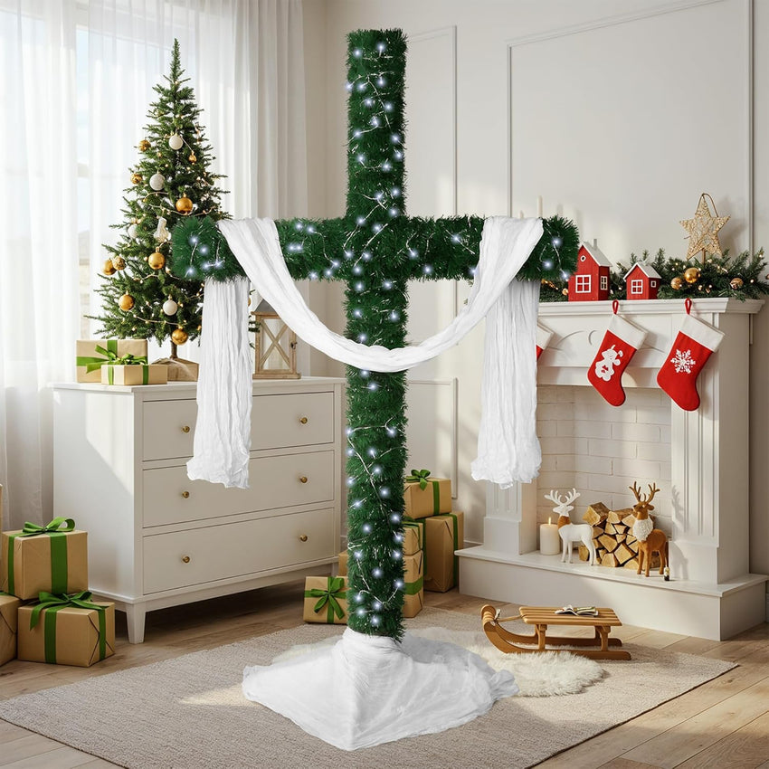 74-Inch Lighted Christmas Cross Tree with 200 Cool White LED String Lights, Religious Indoor Holiday Decor with Scarves & Vines – Christian Catholic Jesus Home Decoration