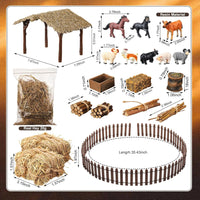 Thyle 20 Pcs Christmas Nativity Scene Manger Shed Kits Miniature Stable for Christmas Nativity Table Top Decor Including Thatched Roof, Fence, Farm Animals, Hay Bales & Tools Firewood Pile Cow