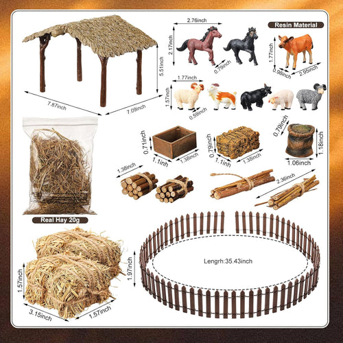 Thyle 20 Pcs Christmas Nativity Scene Manger Shed Kits Miniature Stable for Christmas Nativity Table Top Decor Including Thatched Roof, Fence, Farm Animals, Hay Bales & Tools Firewood Pile Cow